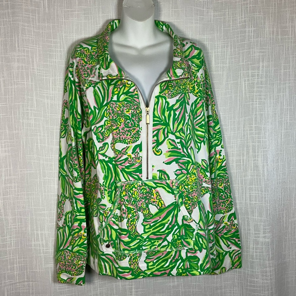 💚 Lilly Pulitzer “Seeing Pink Elephants” Half Zip Skipper popover XL
